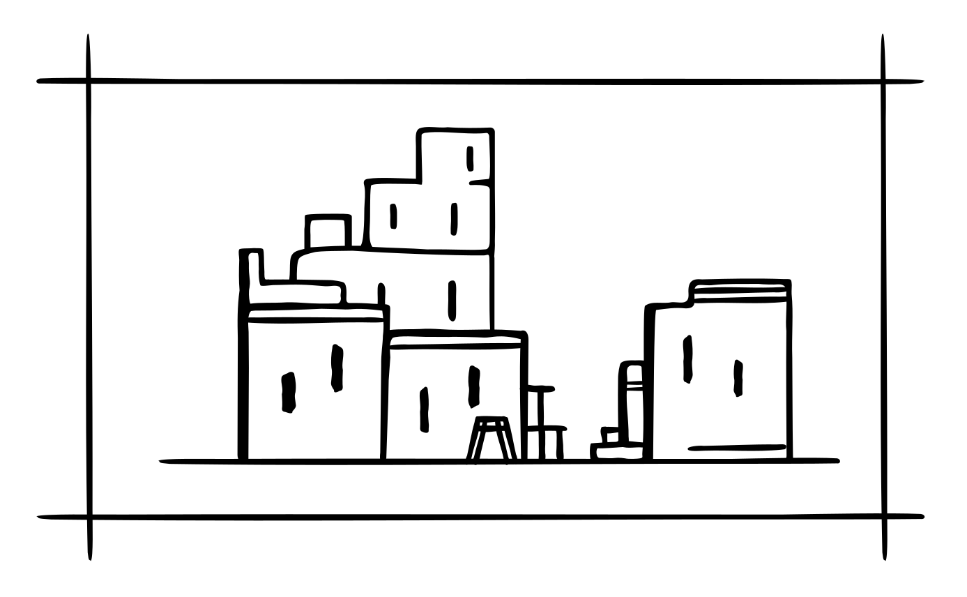 A line drawing of small houses